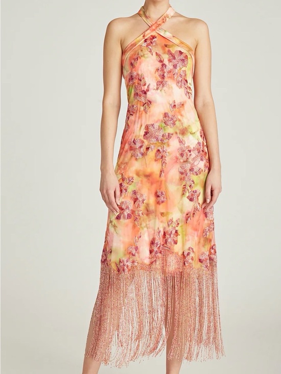 Theia Dresses & Skirts - Theia Orange Pink Floral Halter Midi Dress with Fringe